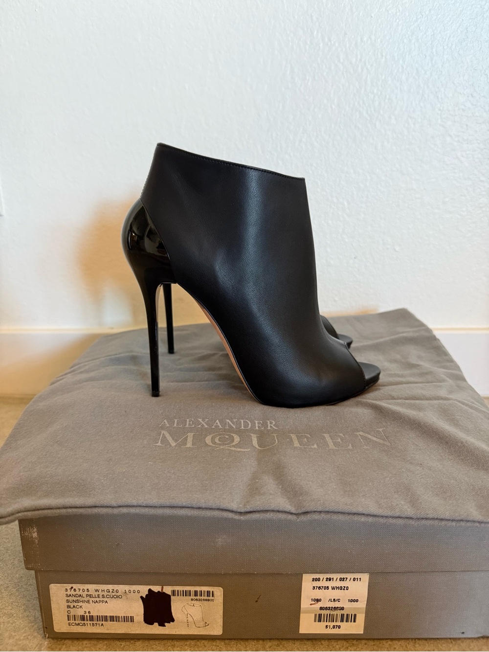 Alexander McQueen Black Leather Peep-Toe Stiletto Booties. 36. Like New. - Picture 1 of 7